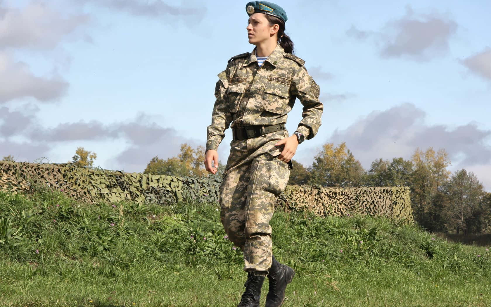 Woman Walking Soldier Uniform Background