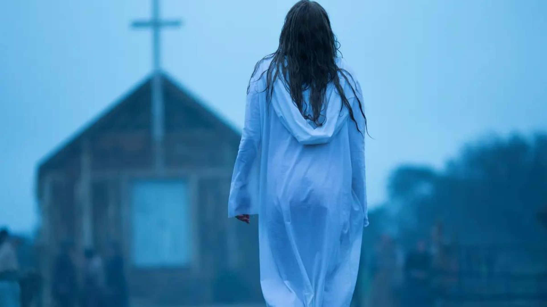 Woman Walking Towards Church Foggy Backdrop Background