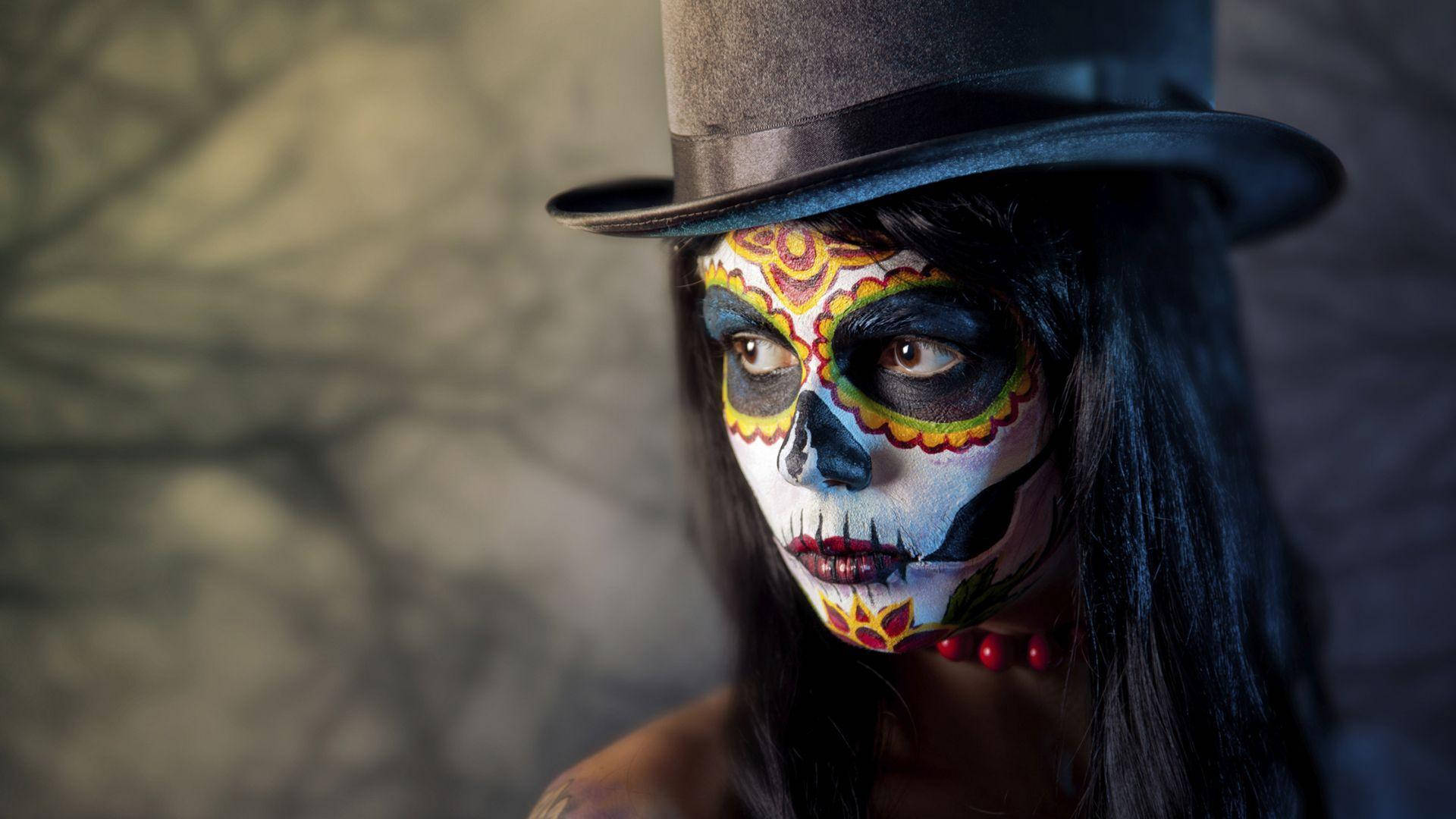 Woman Wearing Day Of The Dead Costume Background