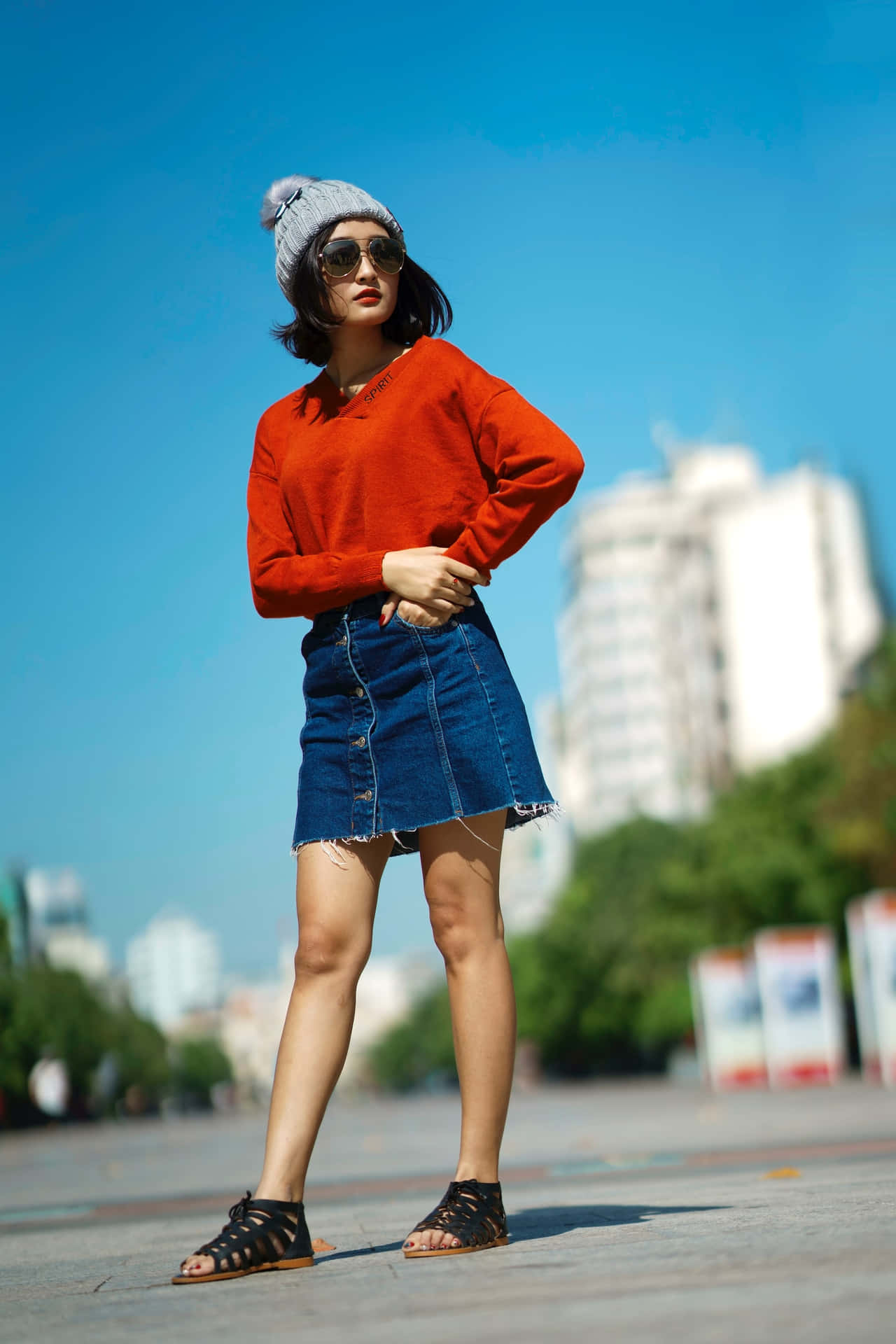 Woman Wearing Denim Miniskirt Background