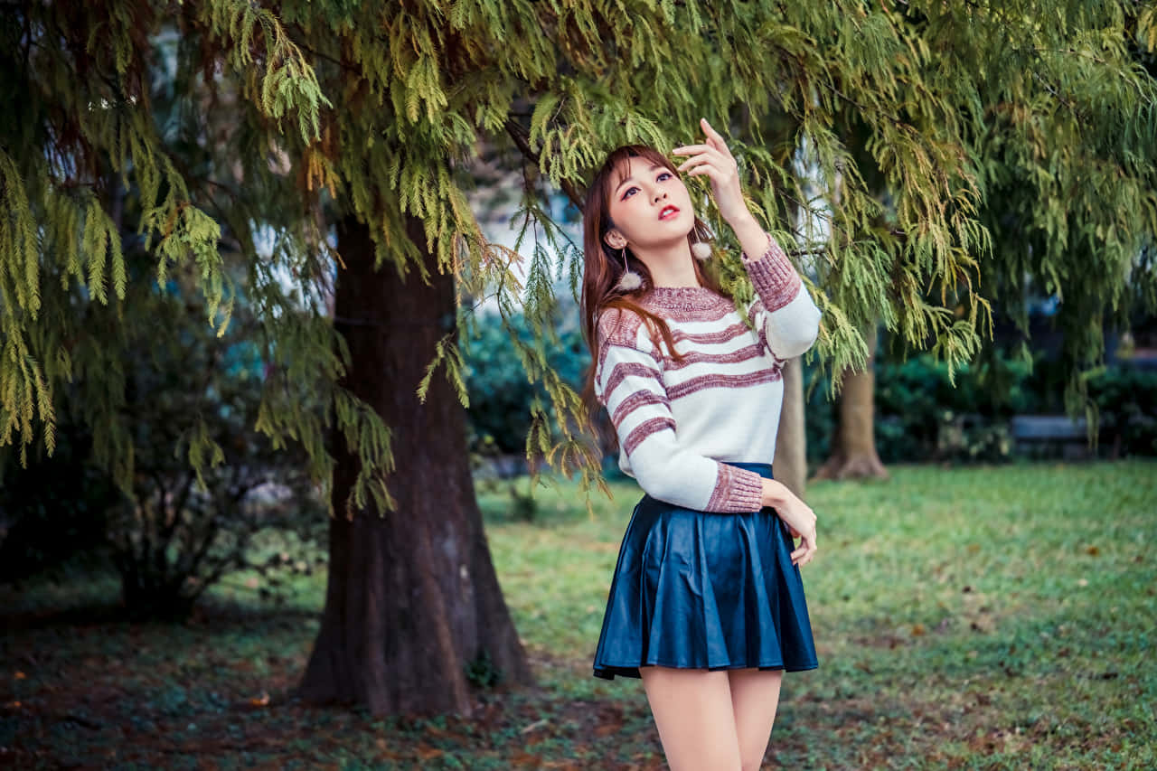 Woman White Sweater With Red Horizontal Stripes Background