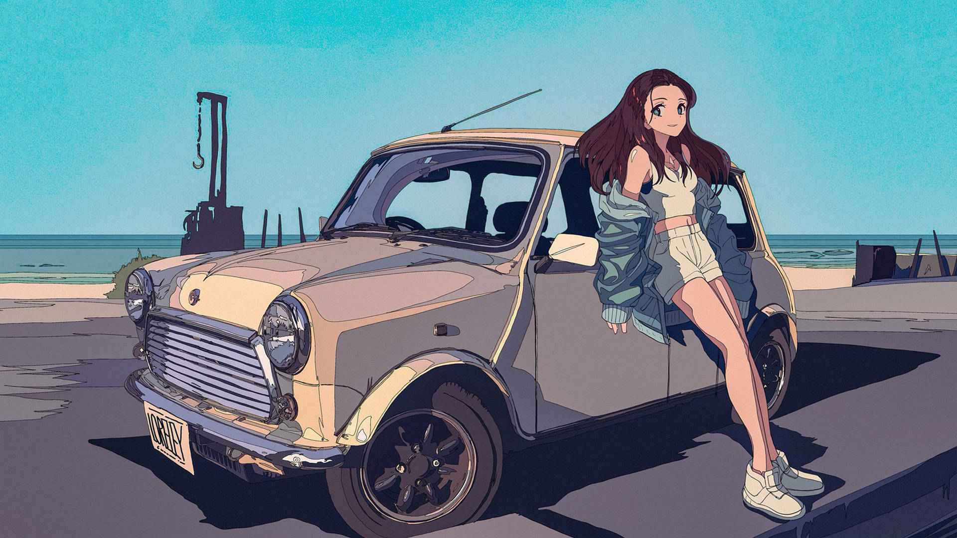 Woman With A Mini Cooper Car Anime Background