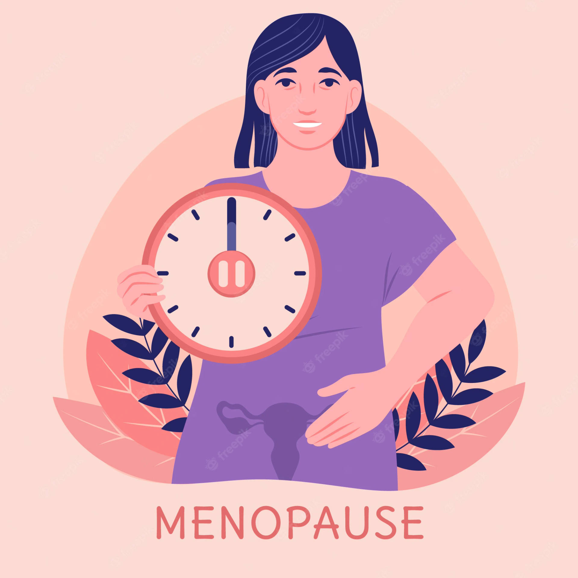 Woman With Clock And Menopause Background