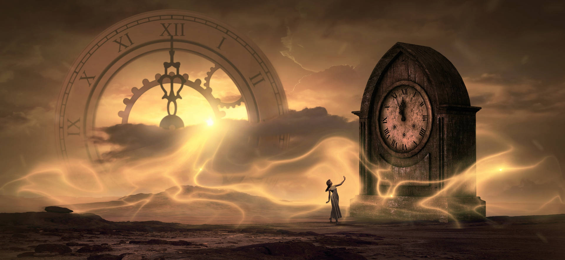 Woman With Clock Stand Tiempo Background Background