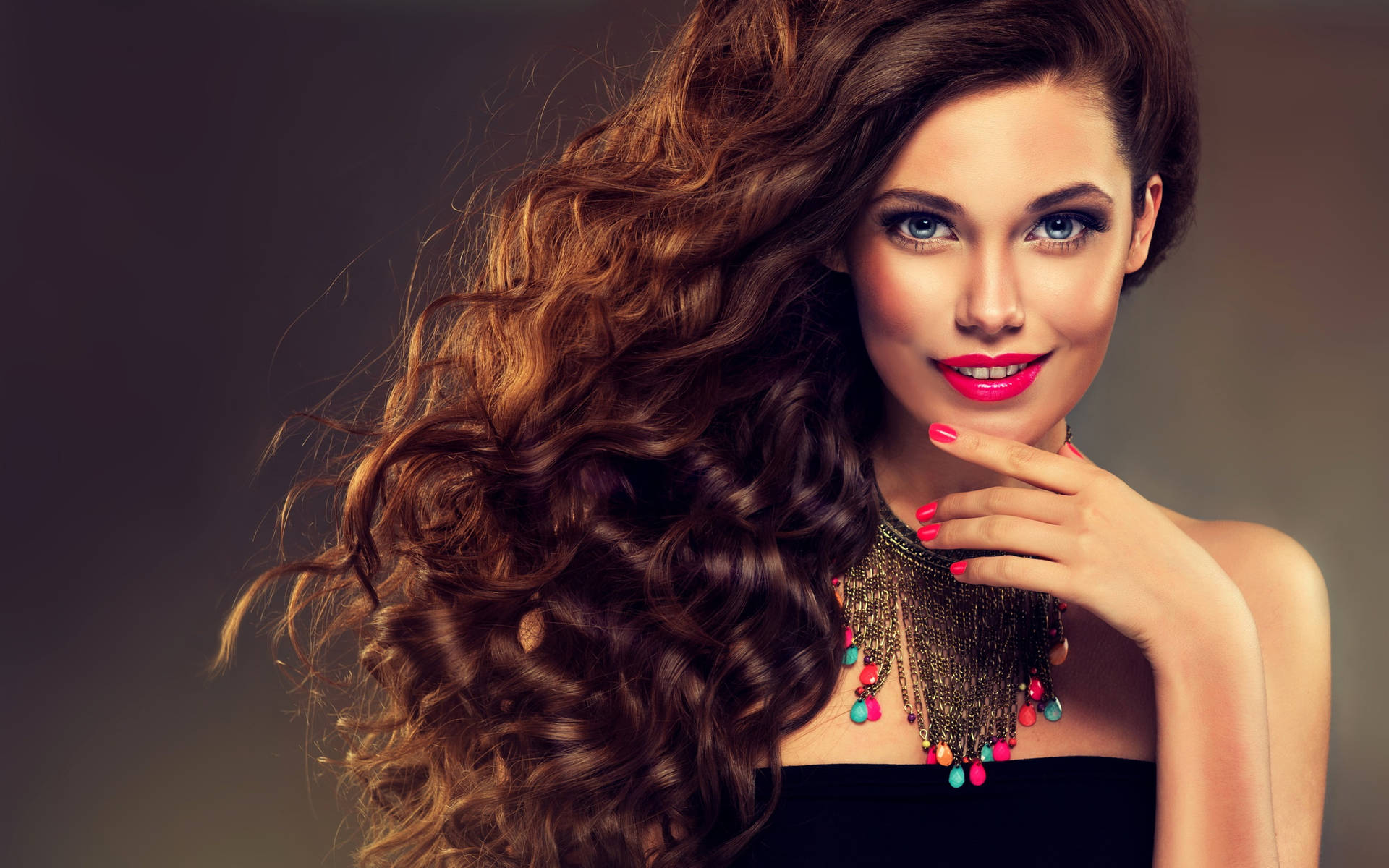 Woman With Curly Hair Pink Lips Background