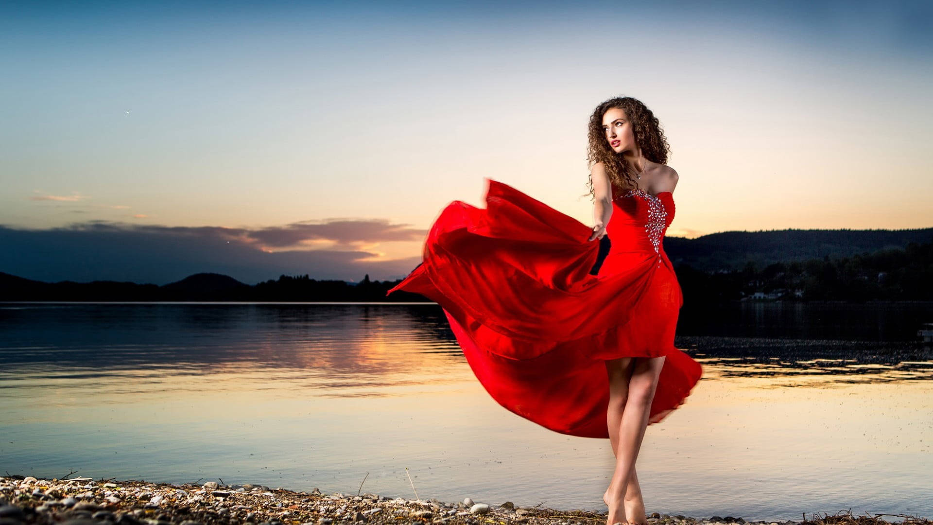 Woman With Curly Hair Red Dress