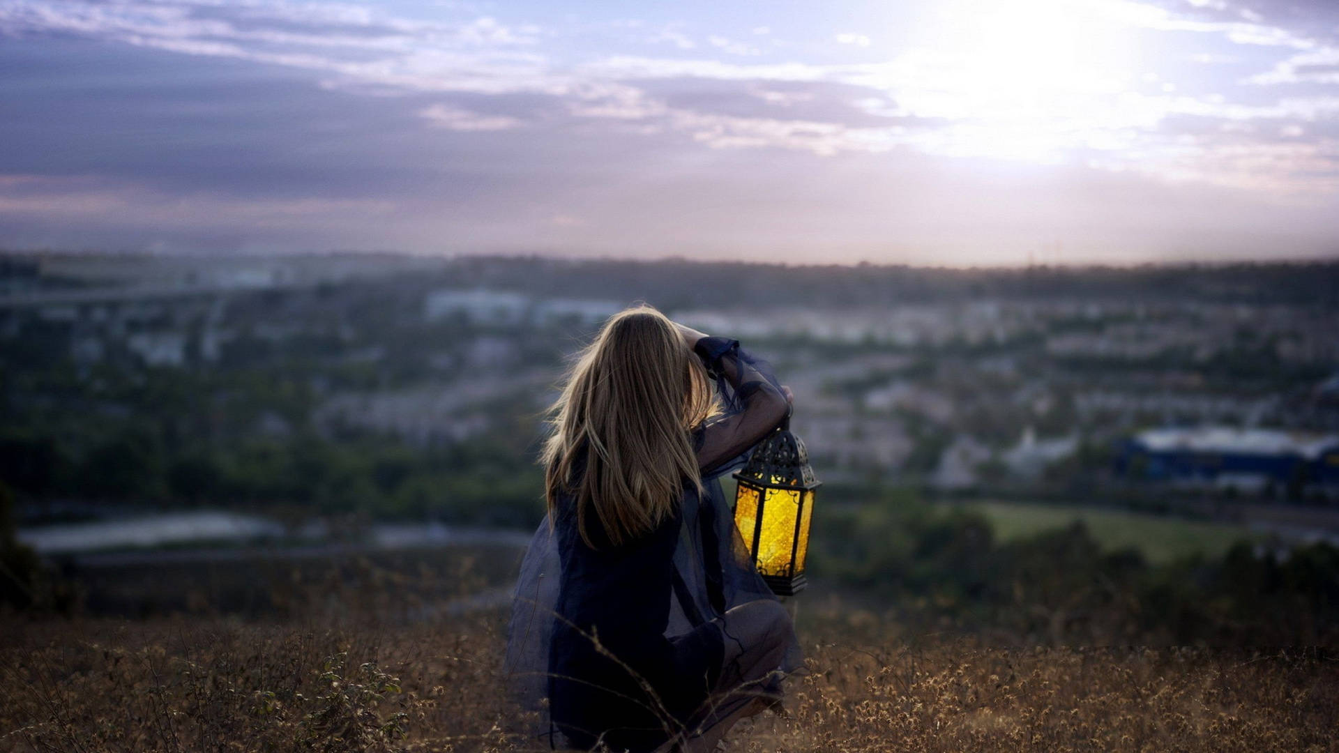 Woman With Lamp Sitting Alone Background