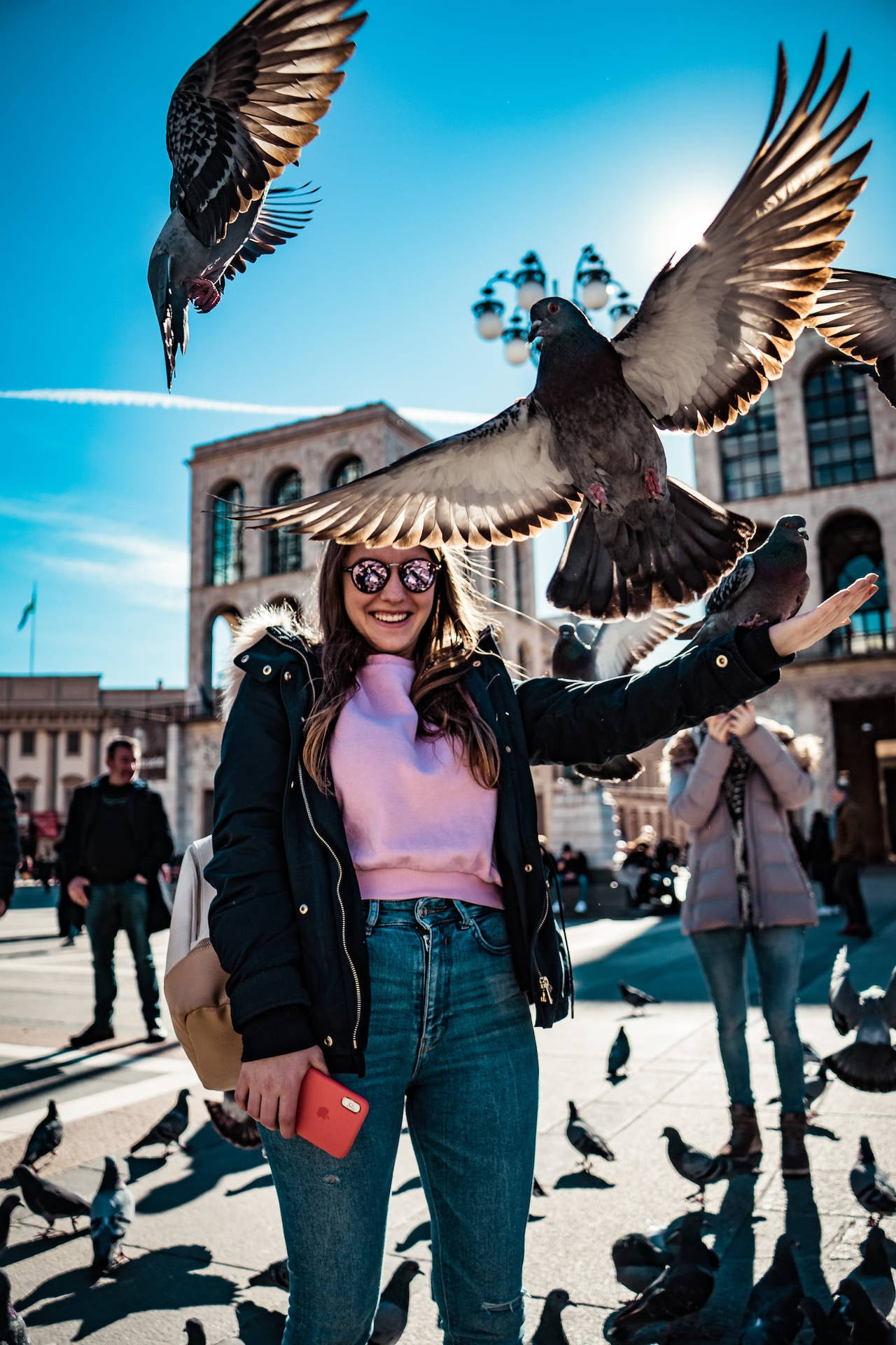 Woman With Pigeon Beautiful Birds Background