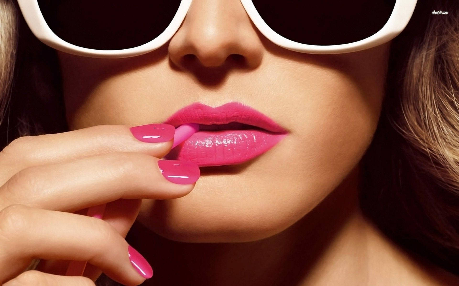 Woman With Pink Lips Wearing Sunglasses Background