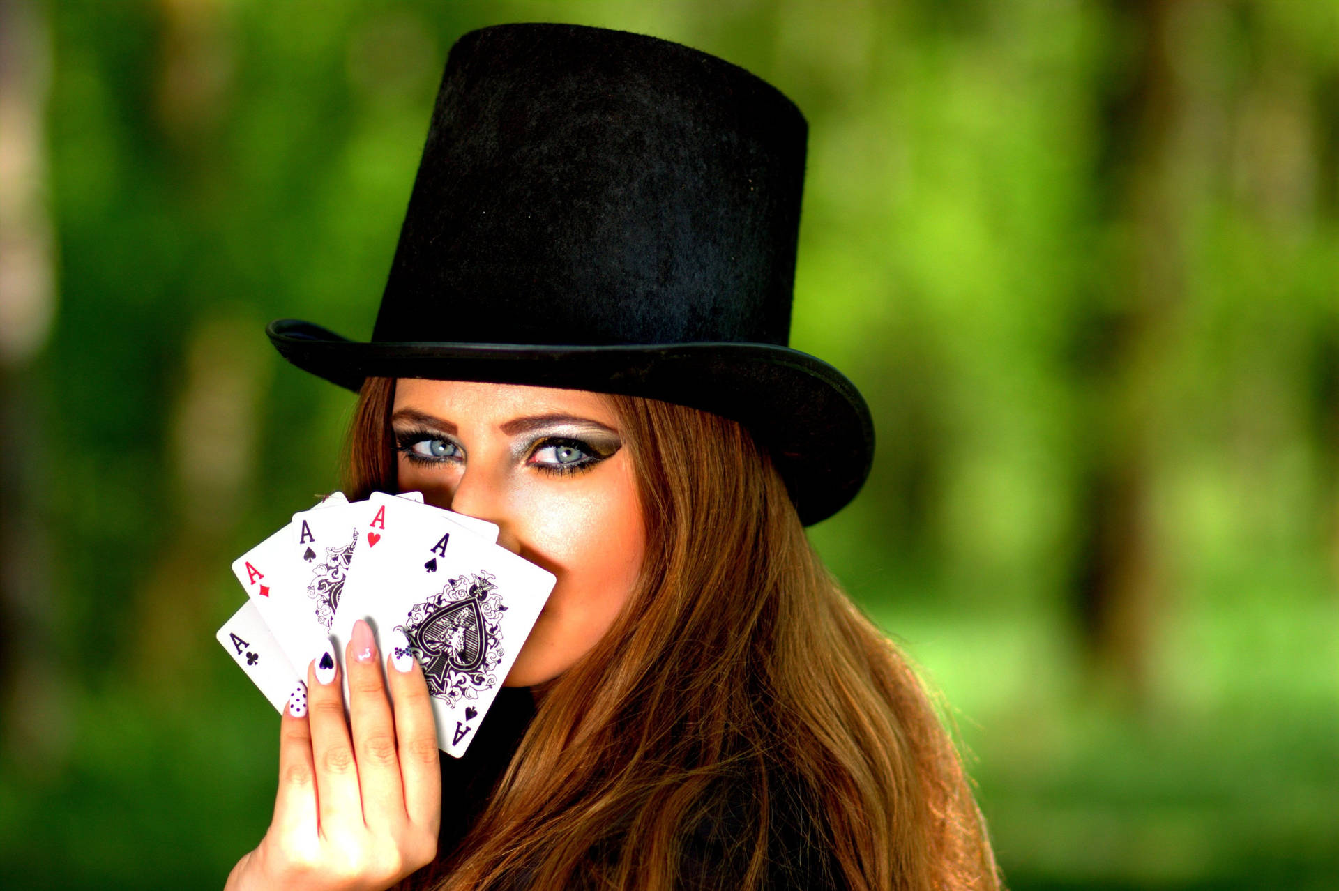 Woman With Poker Aces Background