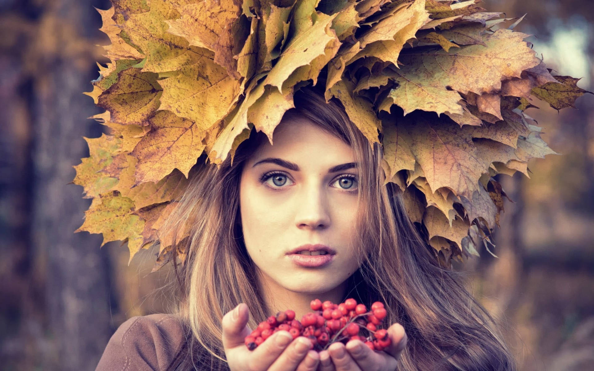 Woman With Red Berries Background