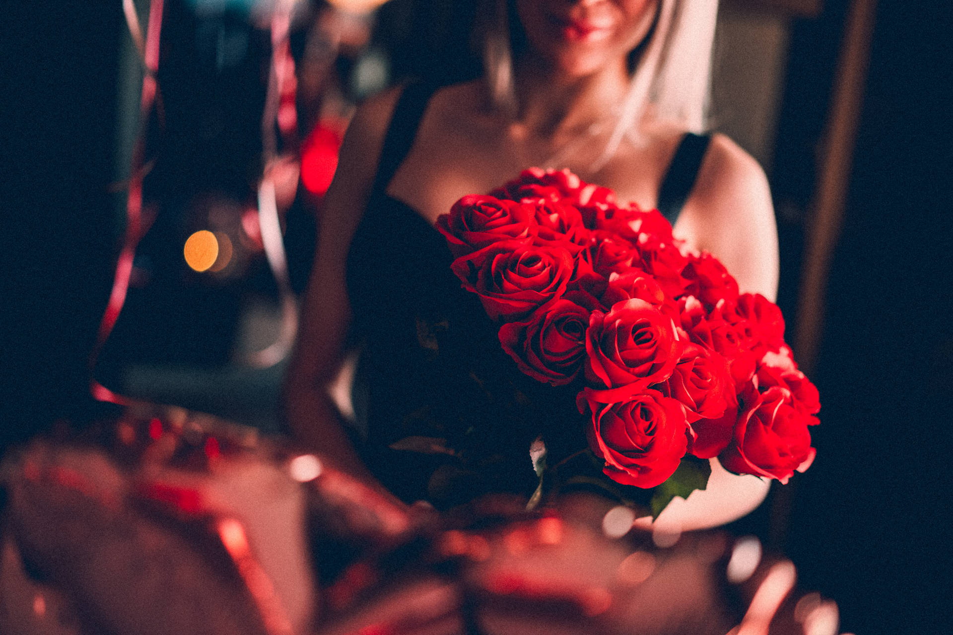 Woman With Roses Red Screen Background