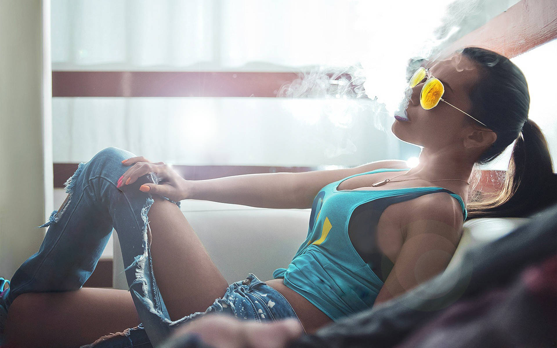 Woman With Shades Smoking Background