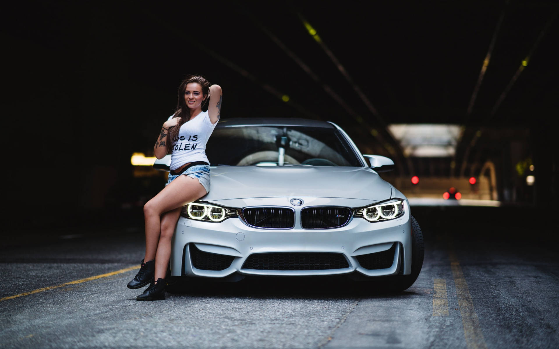 Woman With Silver Bmw Car Background
