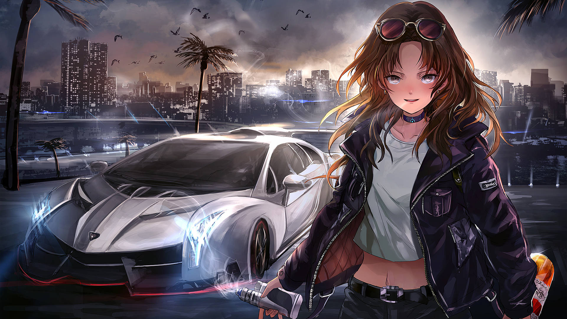 Woman With Sunglasses Next To Car Anime Background