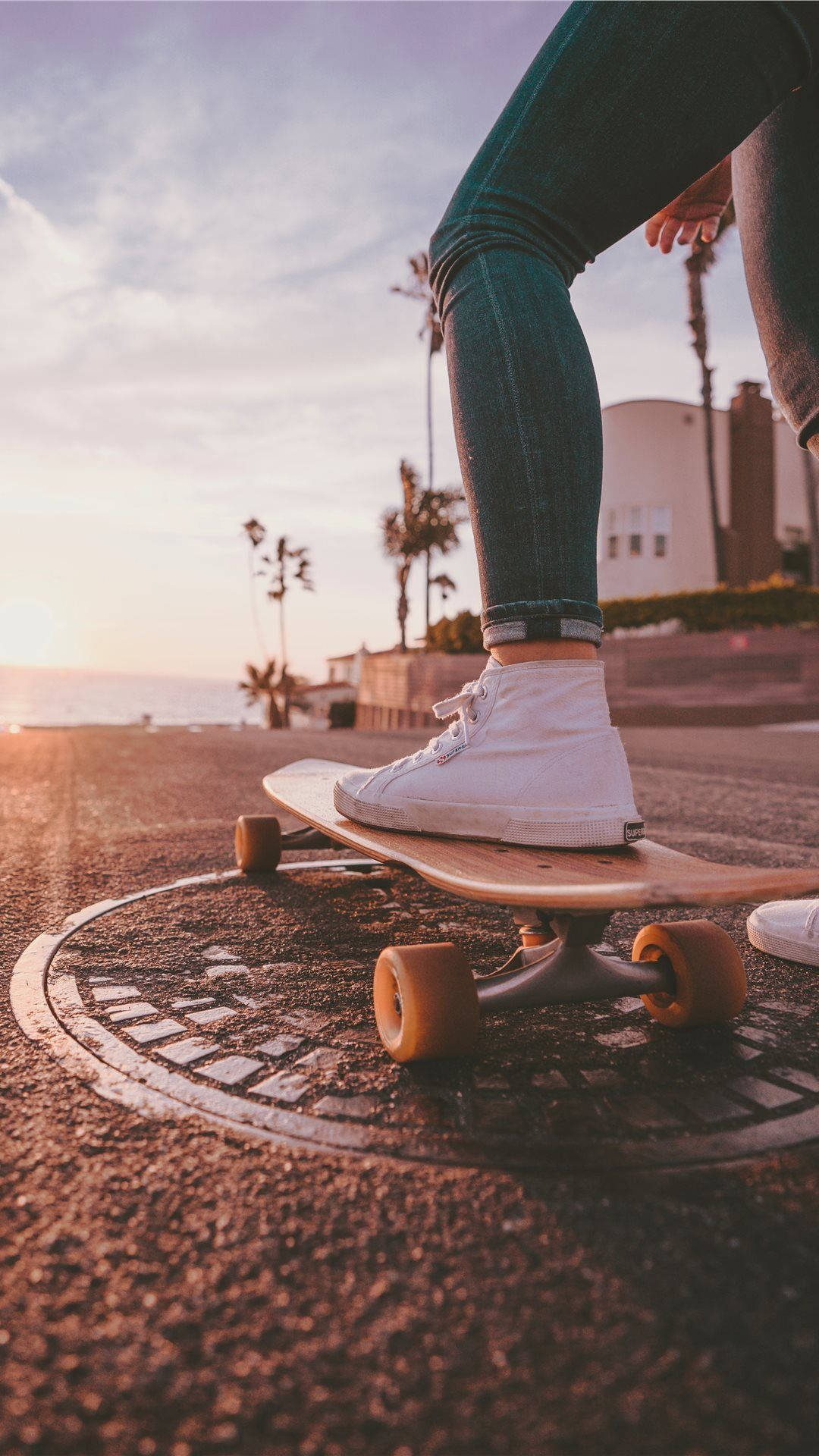 Woman With Wooden Skateboard Iphone Background