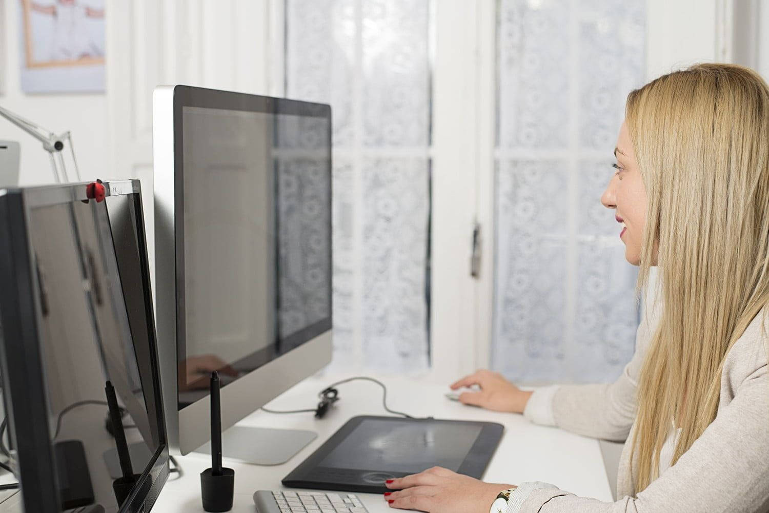 Woman Working On Marble Office Desk Background