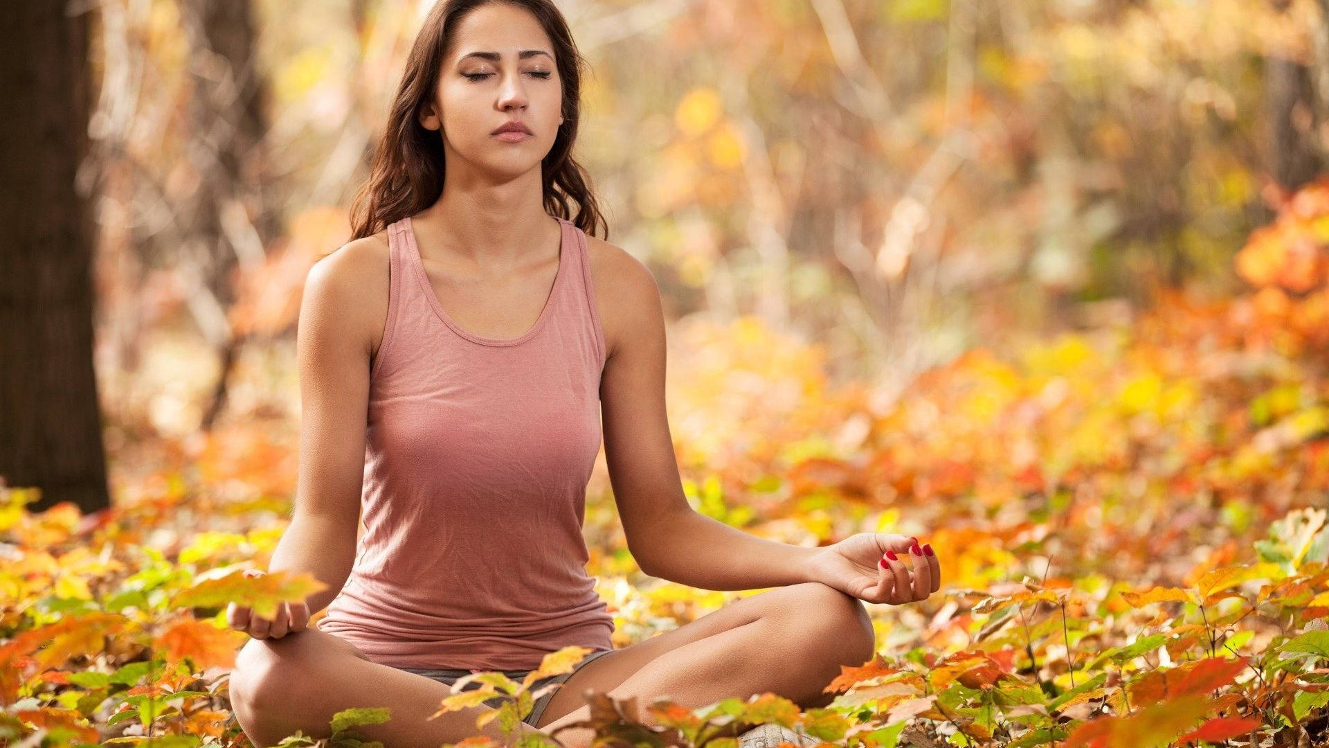 Woman Yoga In Autumn Background