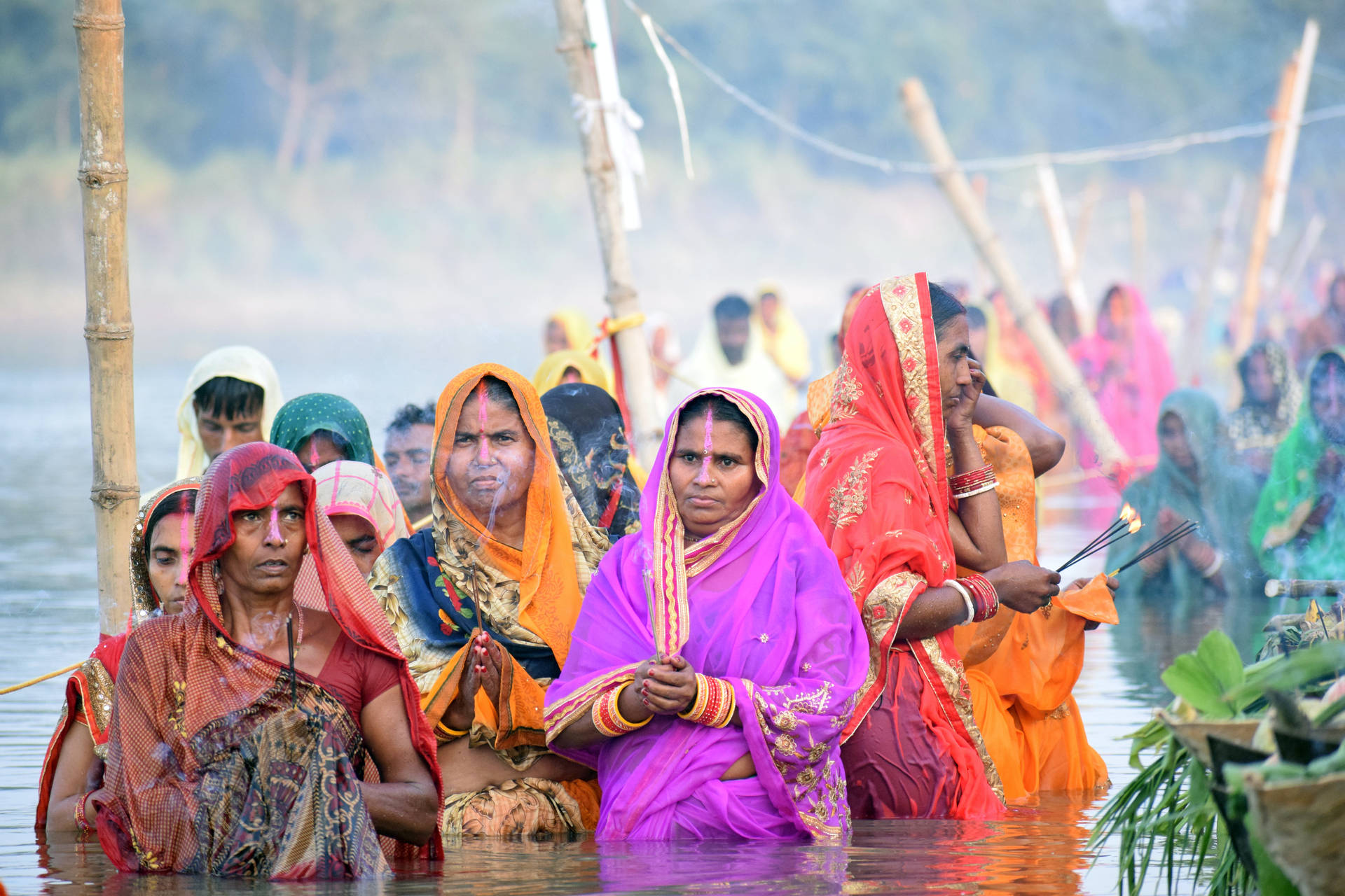 Women Celebrating Chhath Puja In Ocean