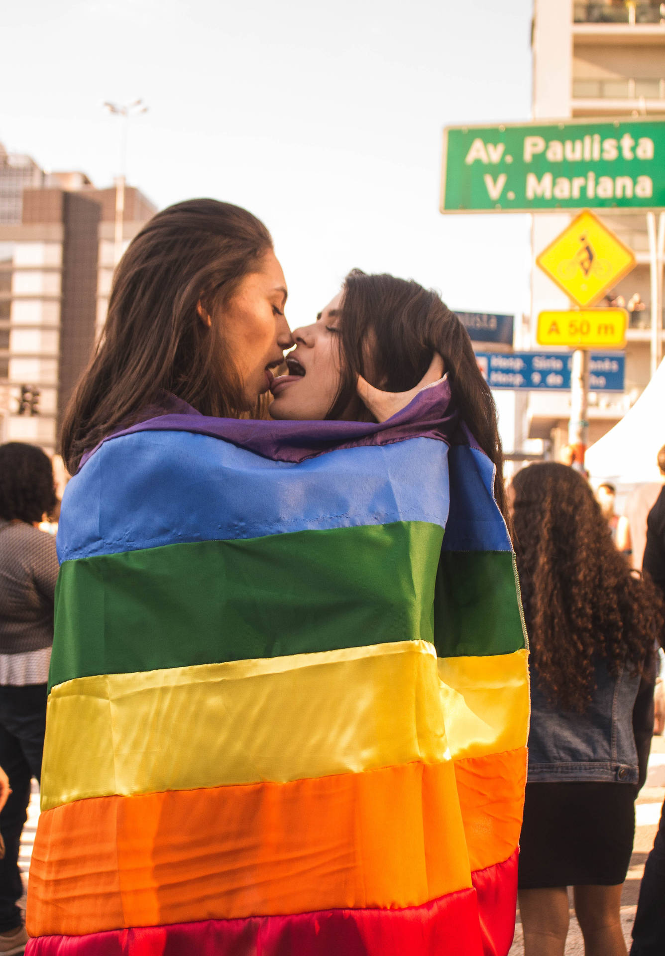 Women Kissing With Flag Background