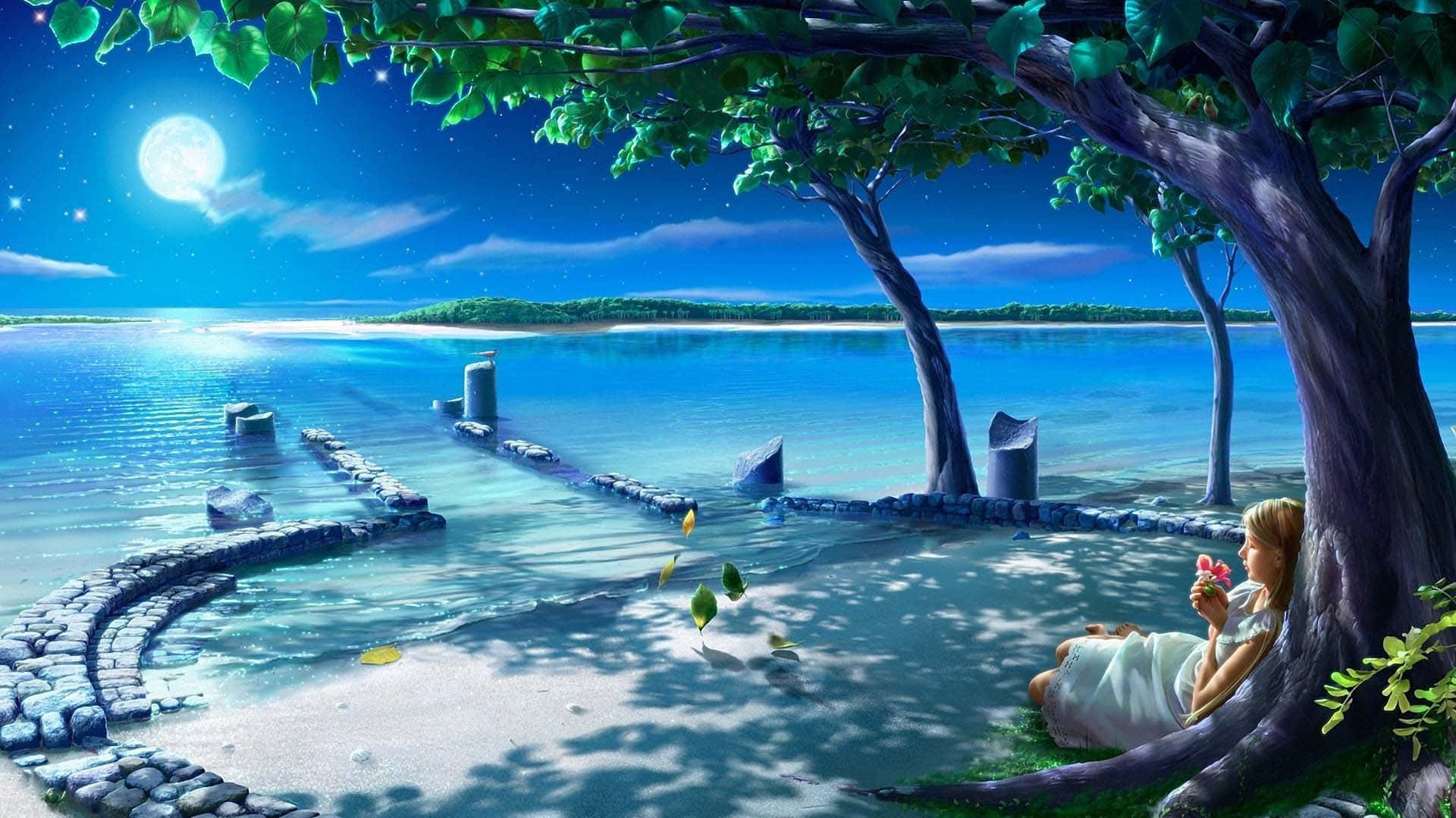 Wonderful Girl By Tree