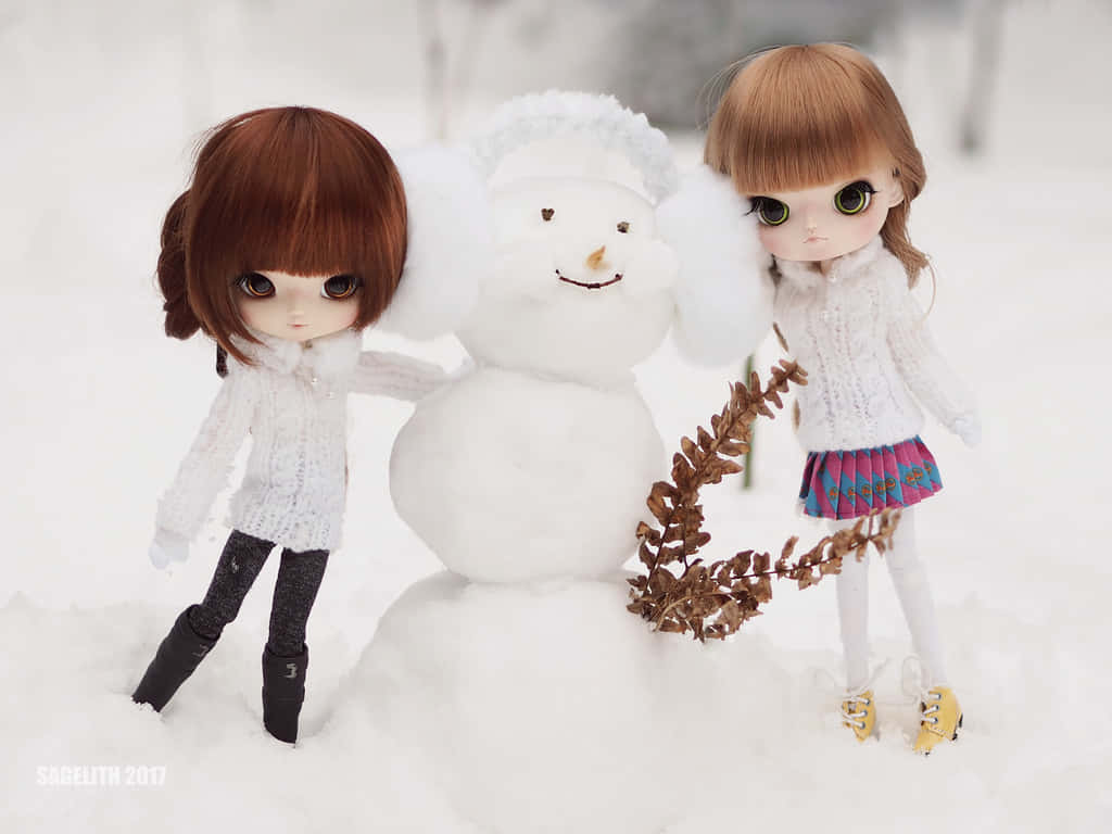 Wonderful Portrait Of Cute Sisters And Snowman
