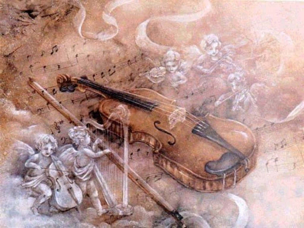 Wooden Chordophone Violin Instrument And Angels Background