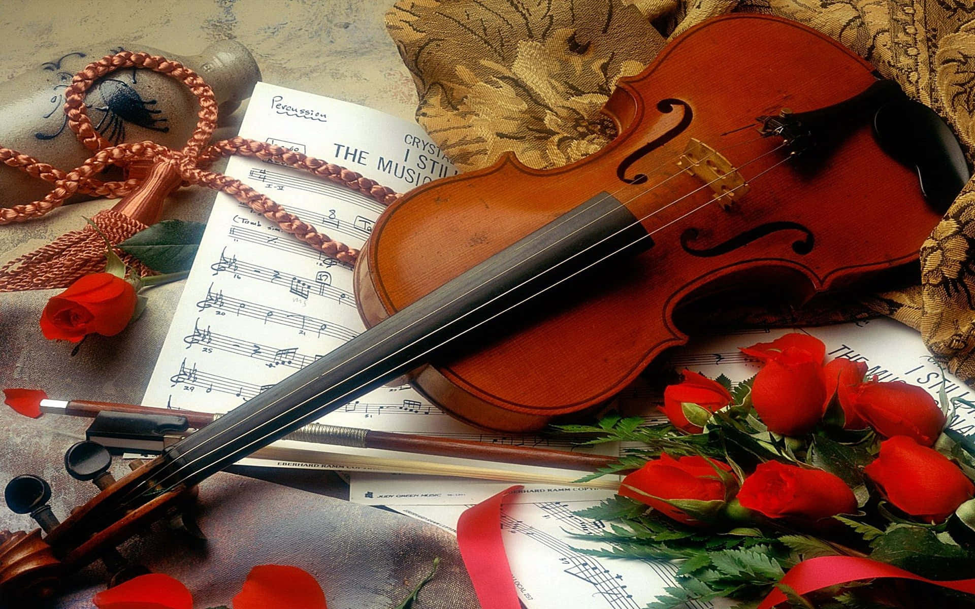 Wooden Chordophone Violin Instrument And Roses