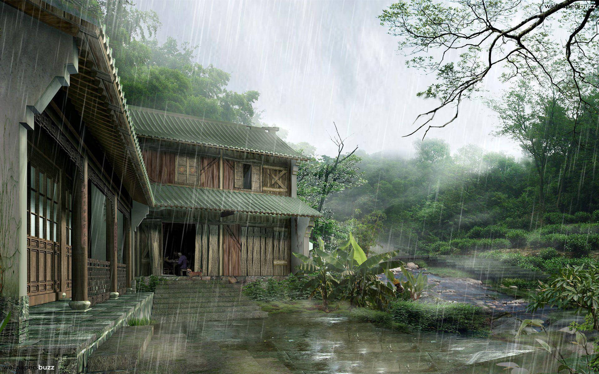 Wooden House Most Beautiful Rain Background