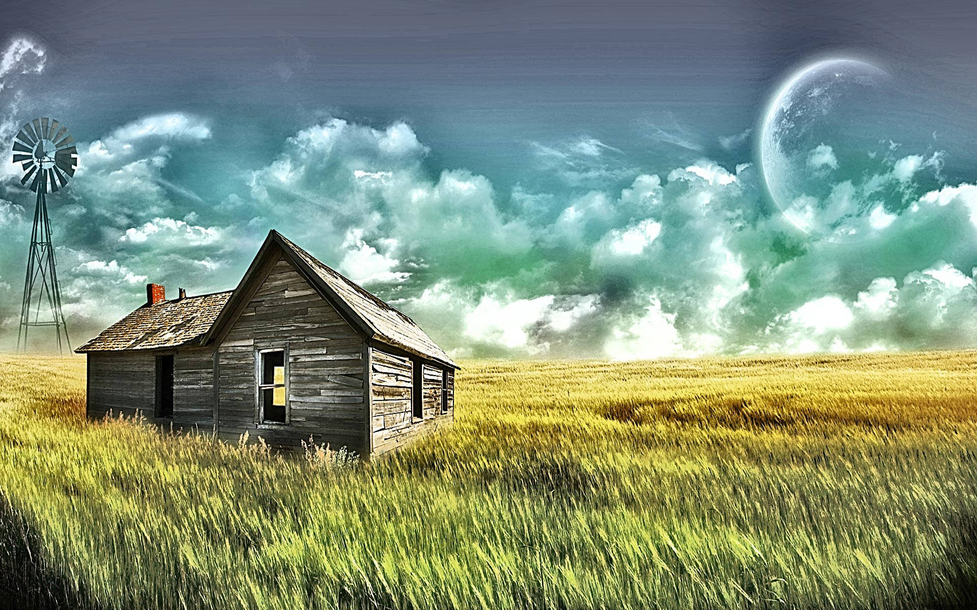 Wooden House On Grass Fields Background