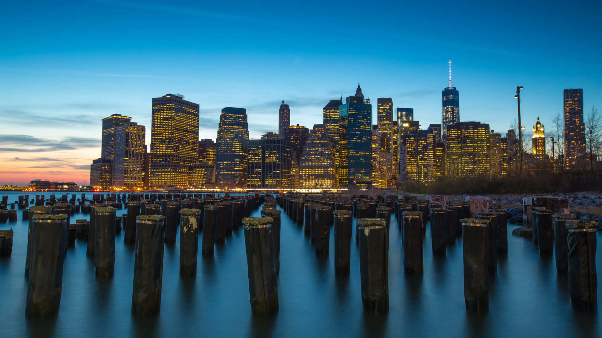 Wooden Water Posts New York City 4k Ultra Hd Background