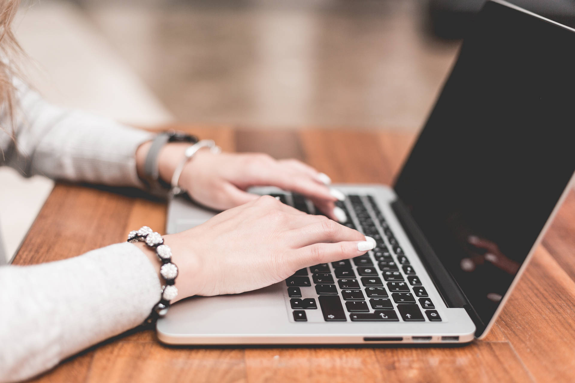 Work Girl Typing On Laptop Background