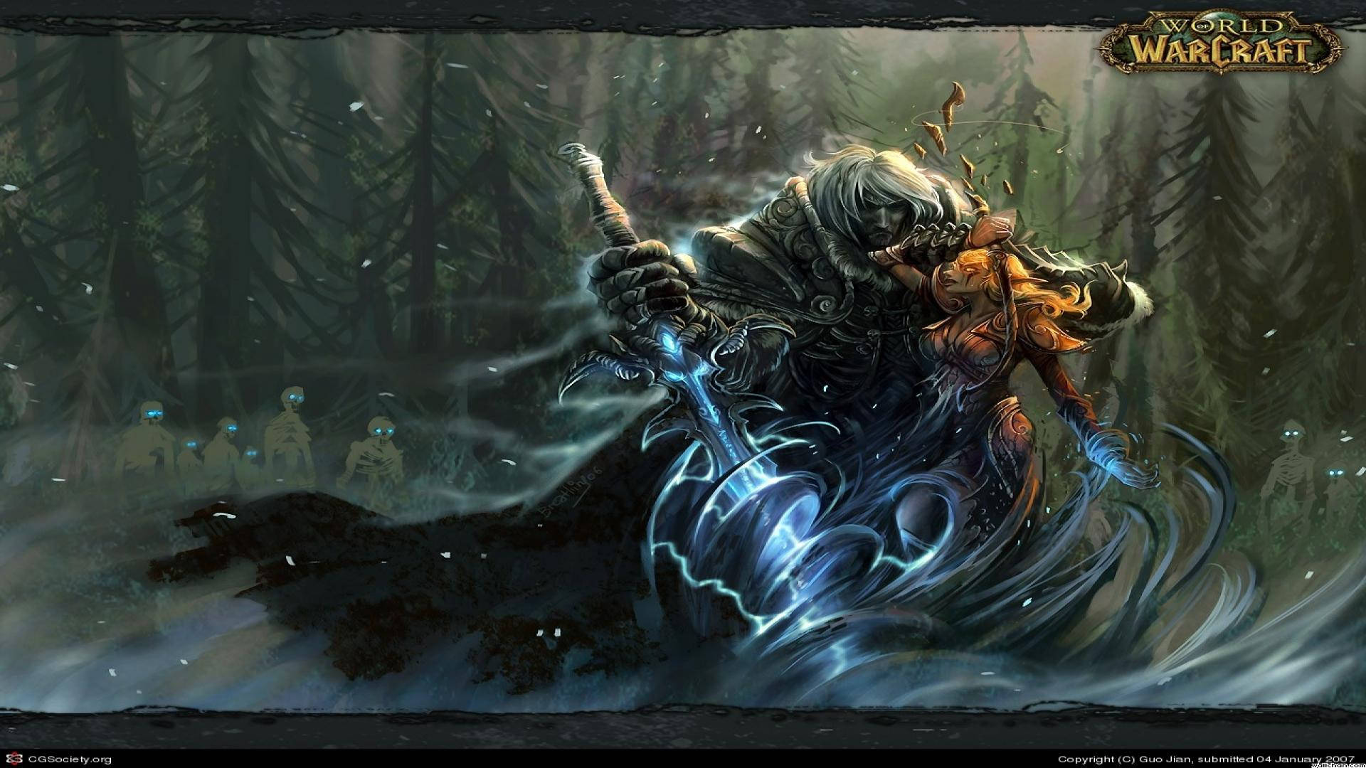 World Of Warcraft Arthas And Sylvanas In Dark Forest Background