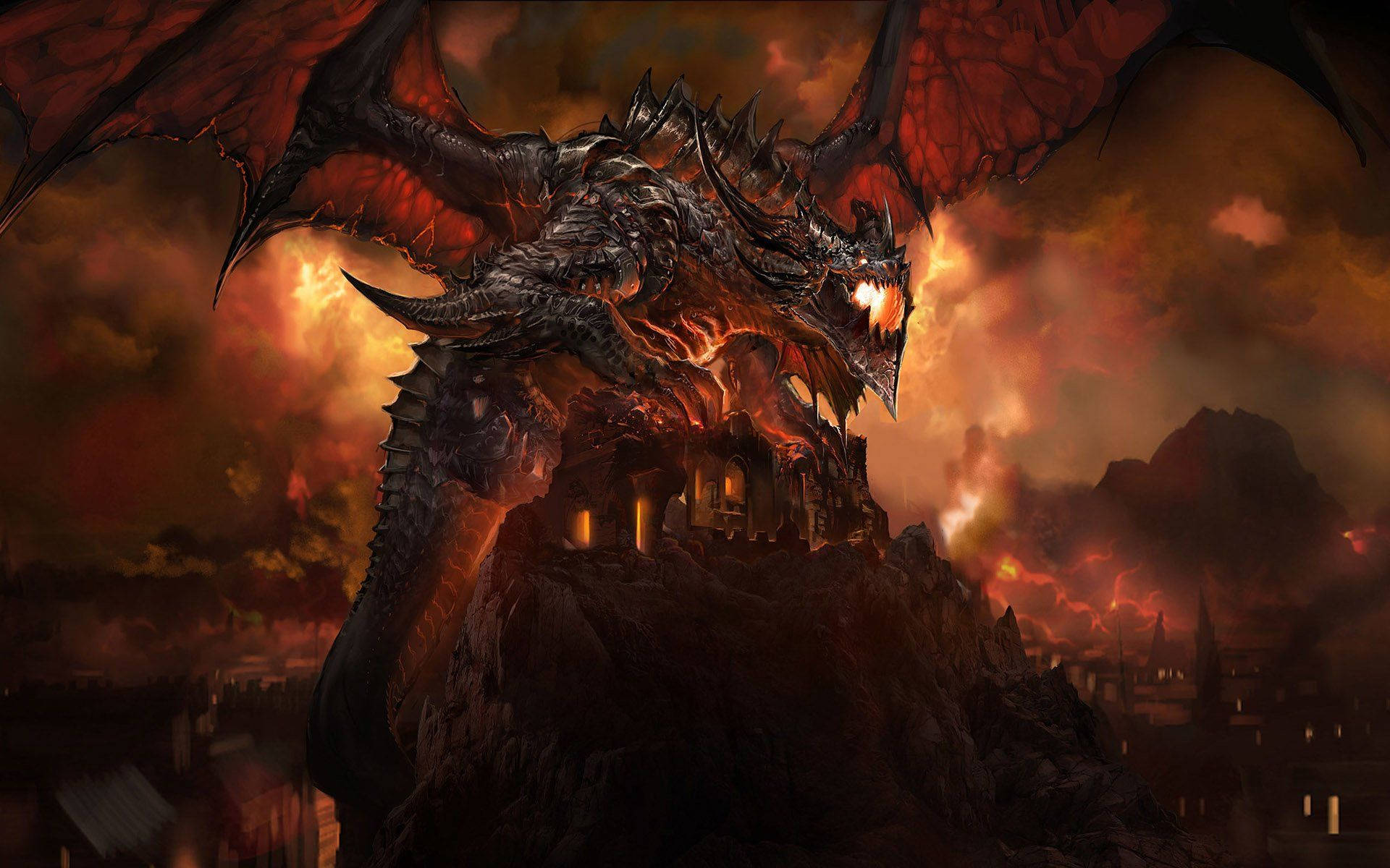 World Of Warcraft Deathwing Over Castle Background