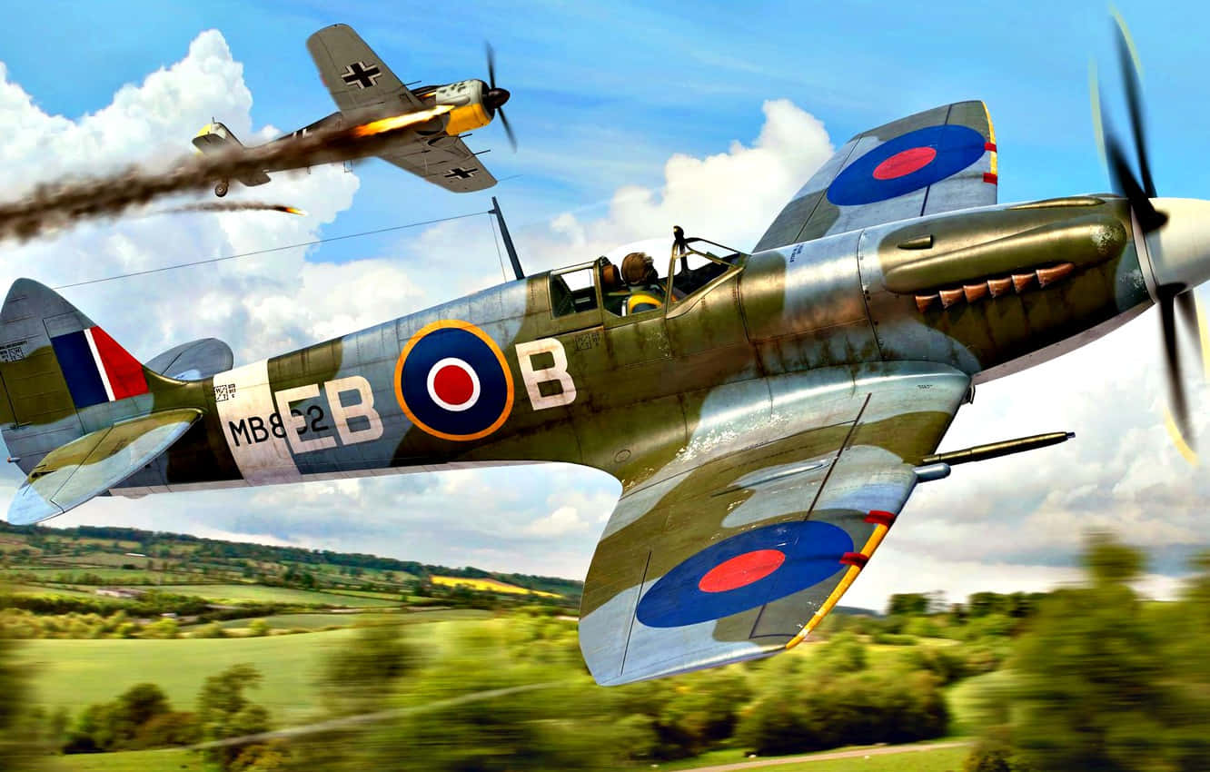 World War Ii Raf Royal Airforce Spitfire Fighter Plane Flying Over The English Countryside Background