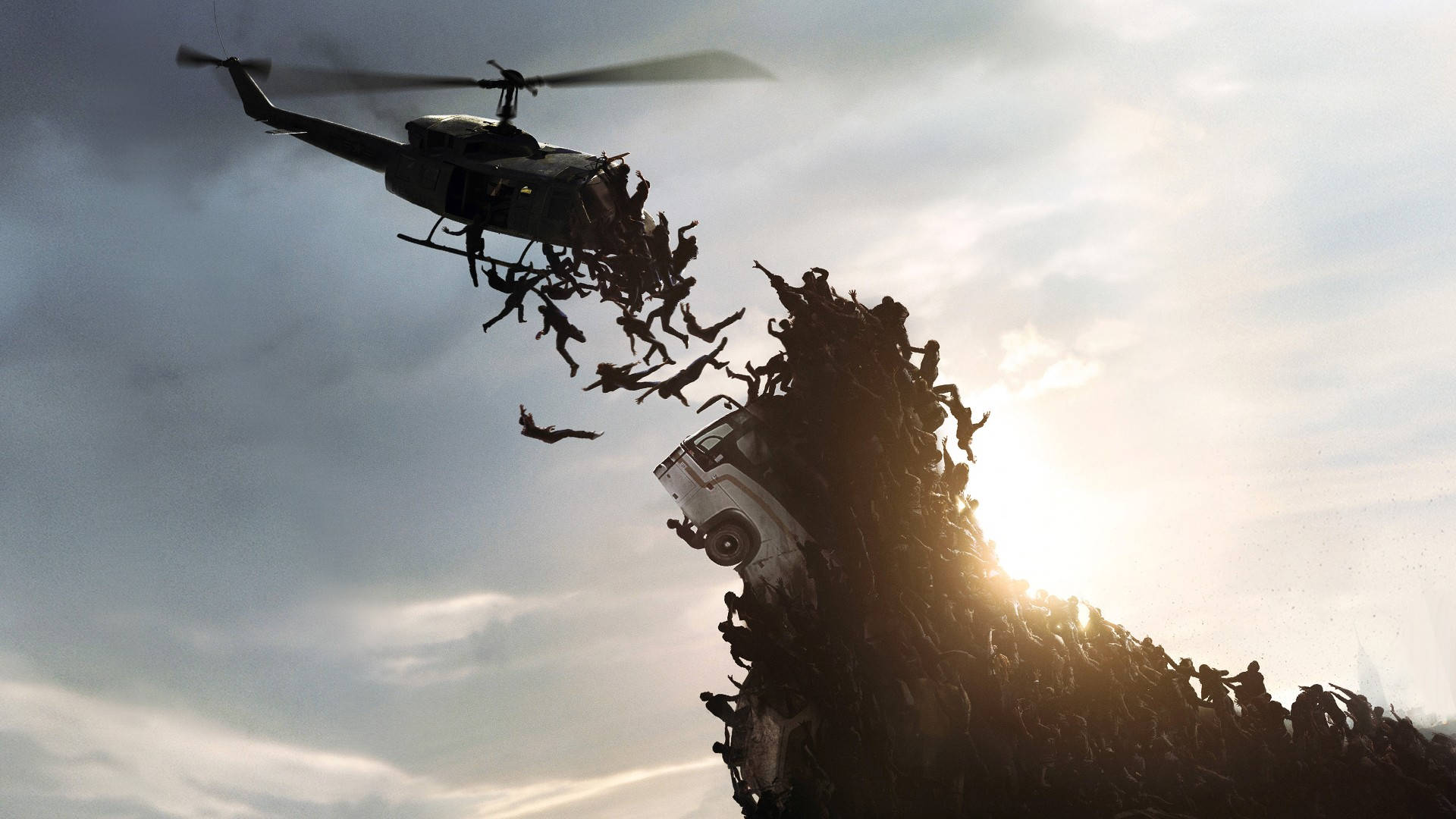World War Z Zombies Jumping To Helicopter Background