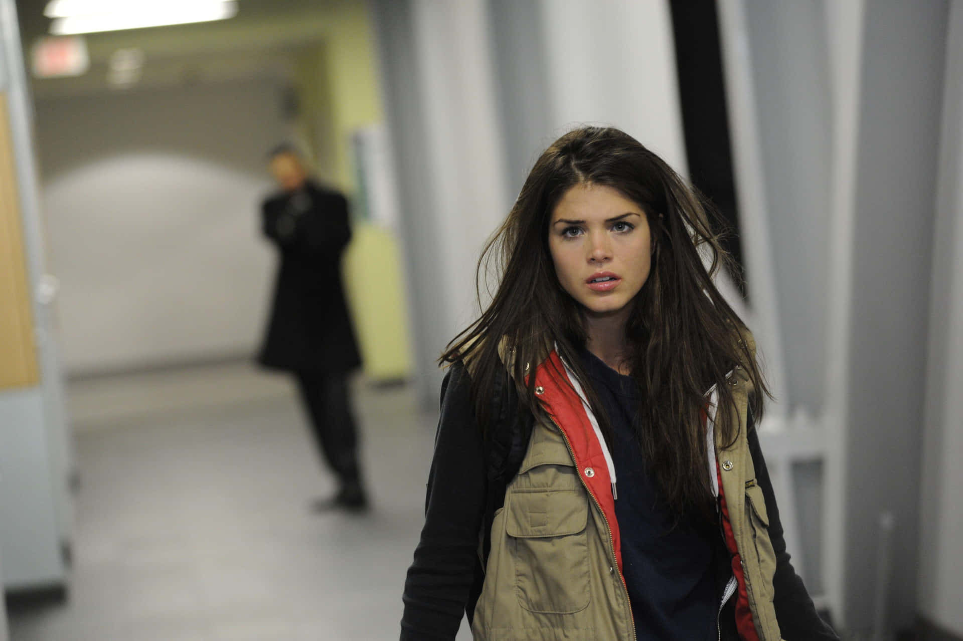 Worried Young Woman Hallway Walk Background