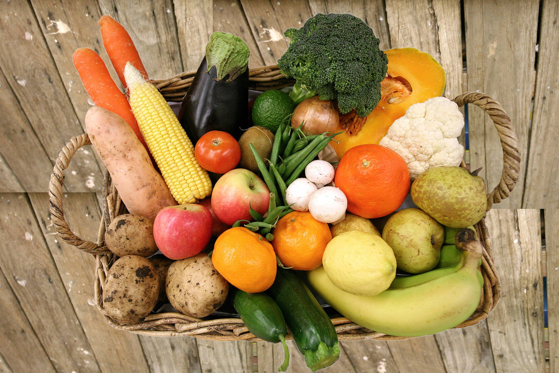 Woven Basket Of Fruits And Vegetables