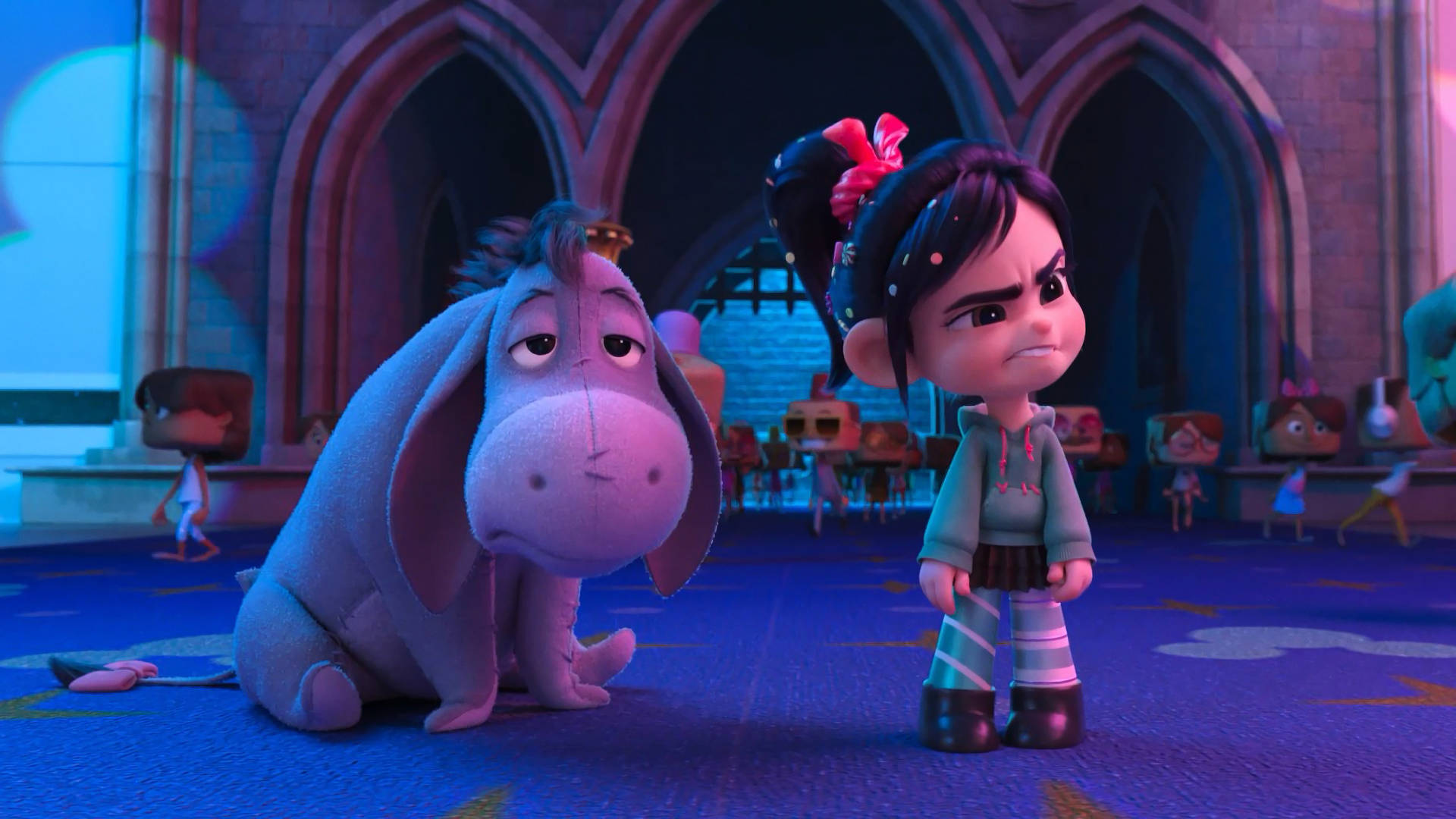 Wreck-it-ralph, Eeyore, And Vanellope Together In A Fun Scene Background
