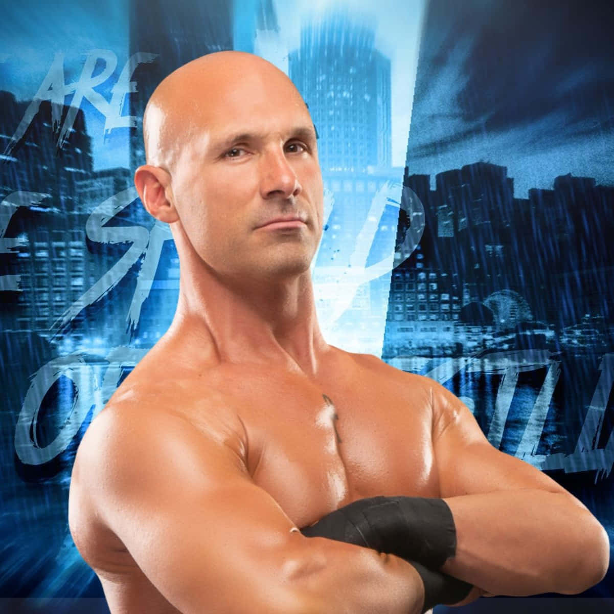 Wrestler Pose Against City Backdrop Background