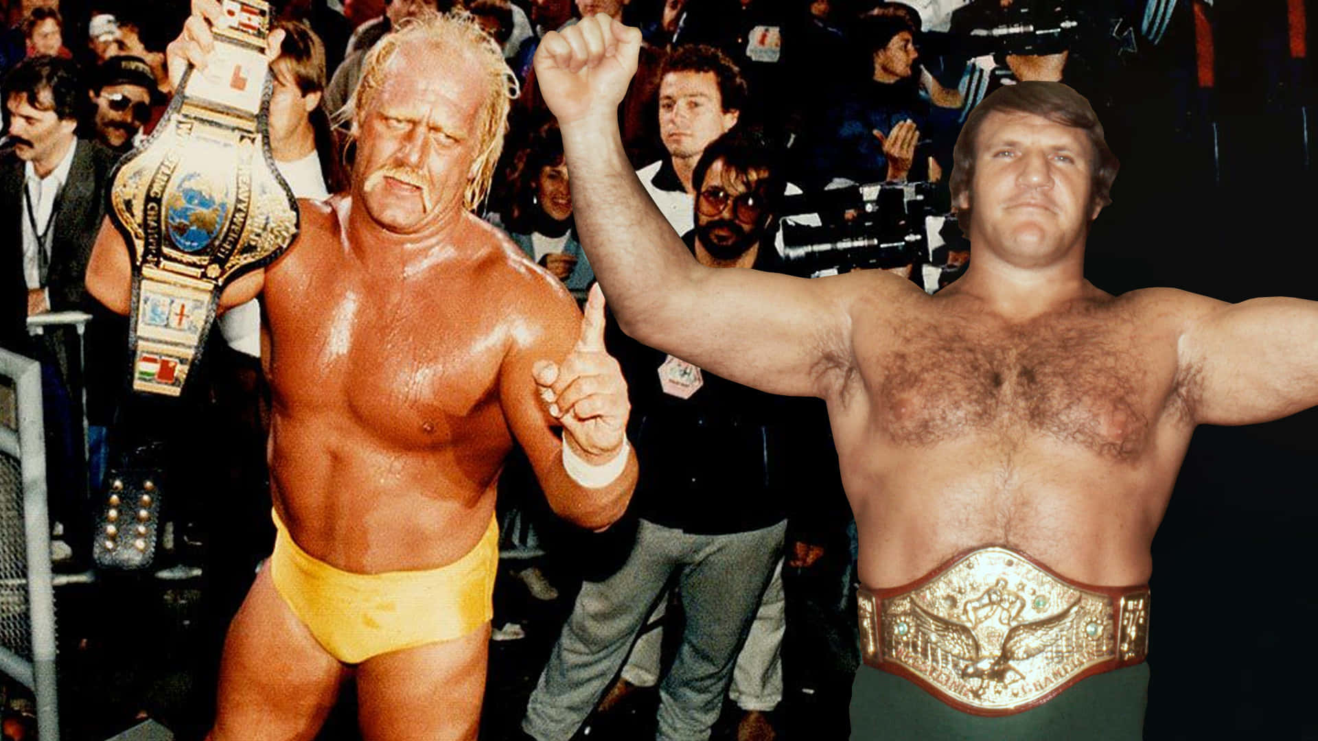 Wrestling Icons Bruno Sammartino And Hulk Hogan In An Intense Face-off. Background