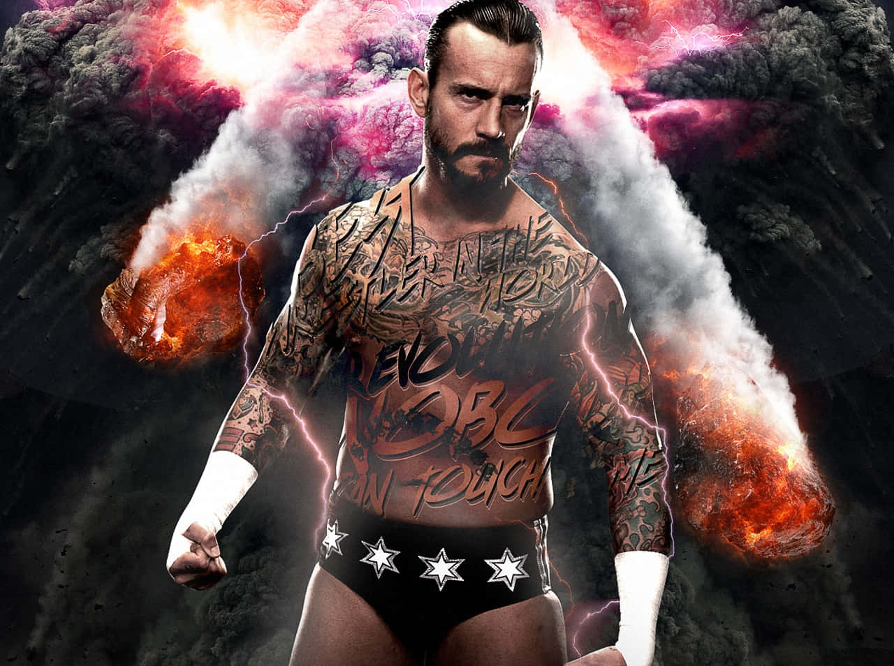 Wwe Wrestler With Tattoos In Front Of A Fireball
