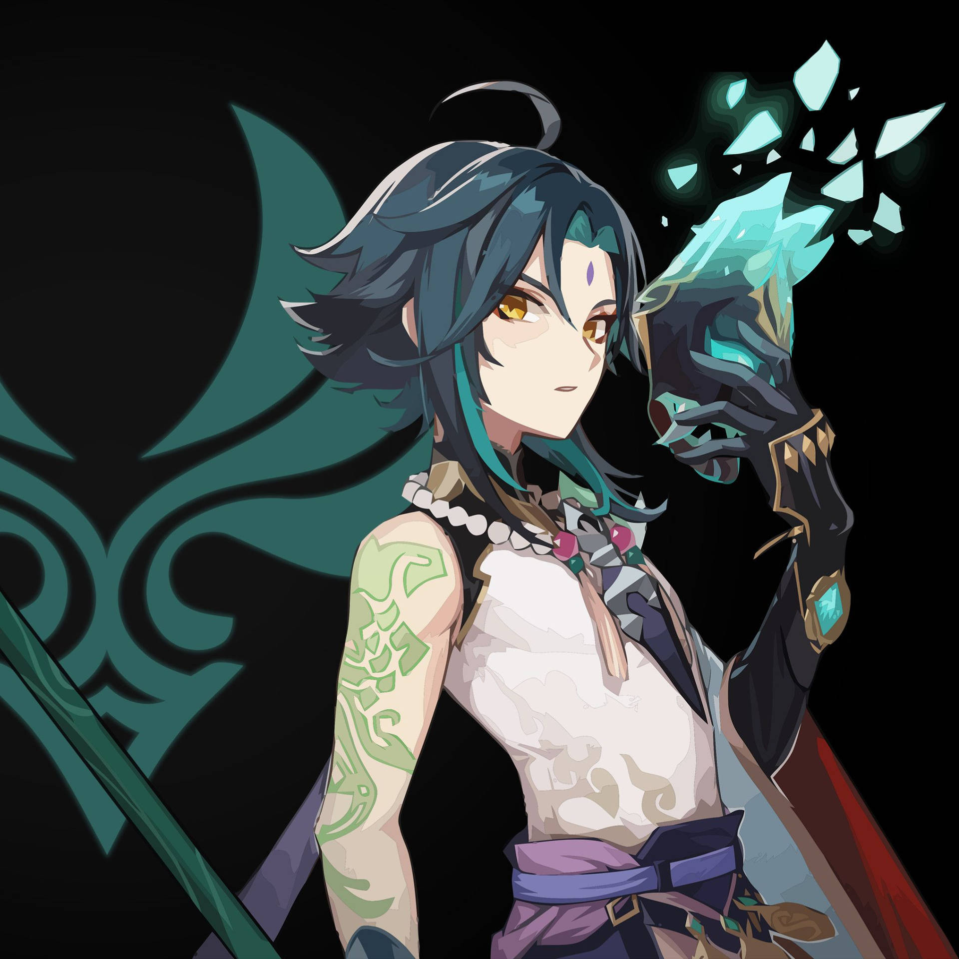 Xiao Of Genshin Impact With Arm Tattoo Background