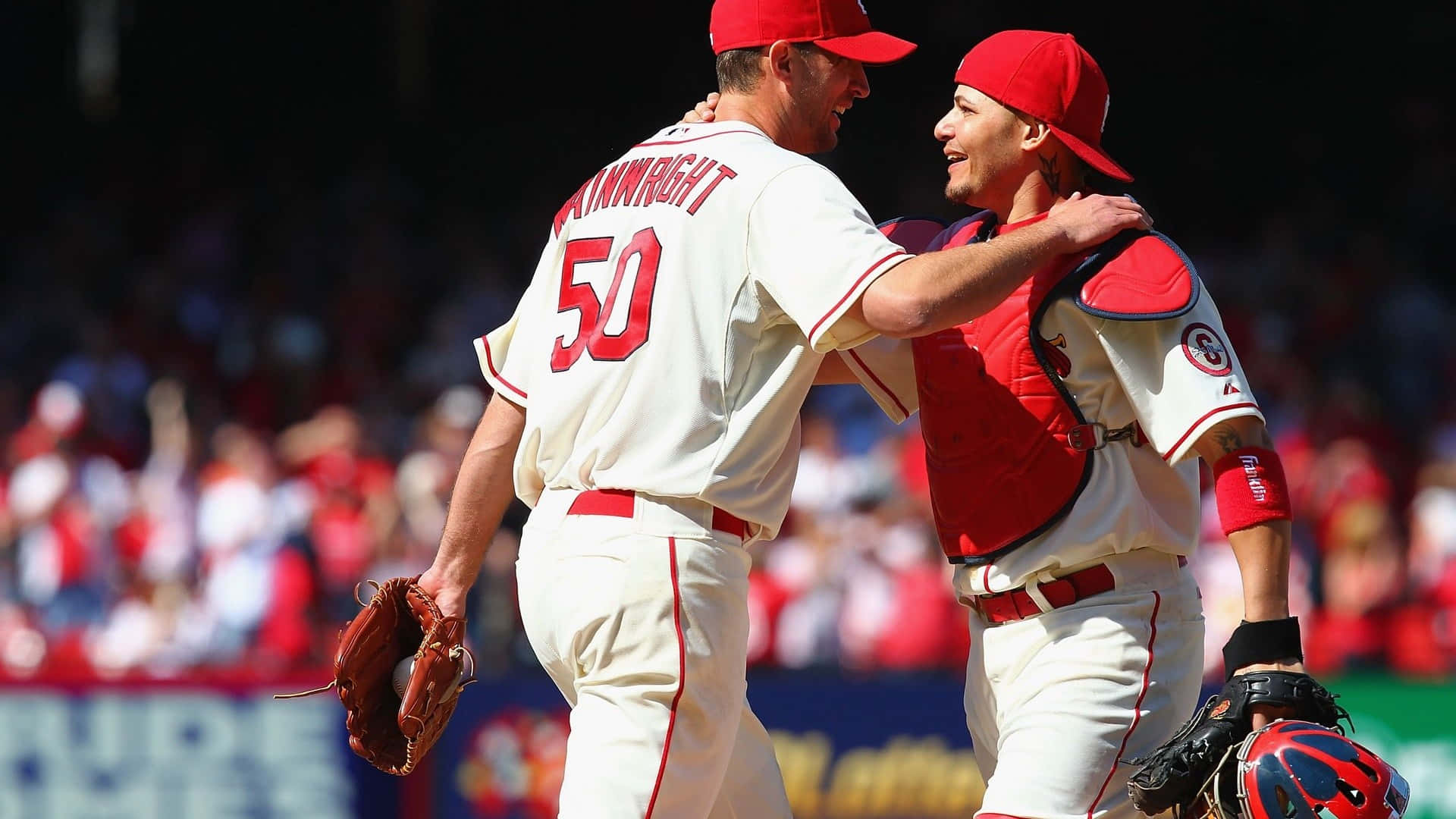 Yadier Molina Reacts To A Home Run Hit By His St. Louis Cardinals. Background