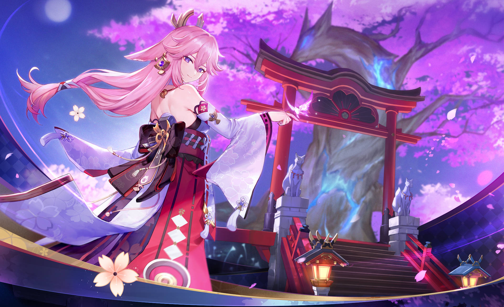 Yae Miko Beside Temple Background