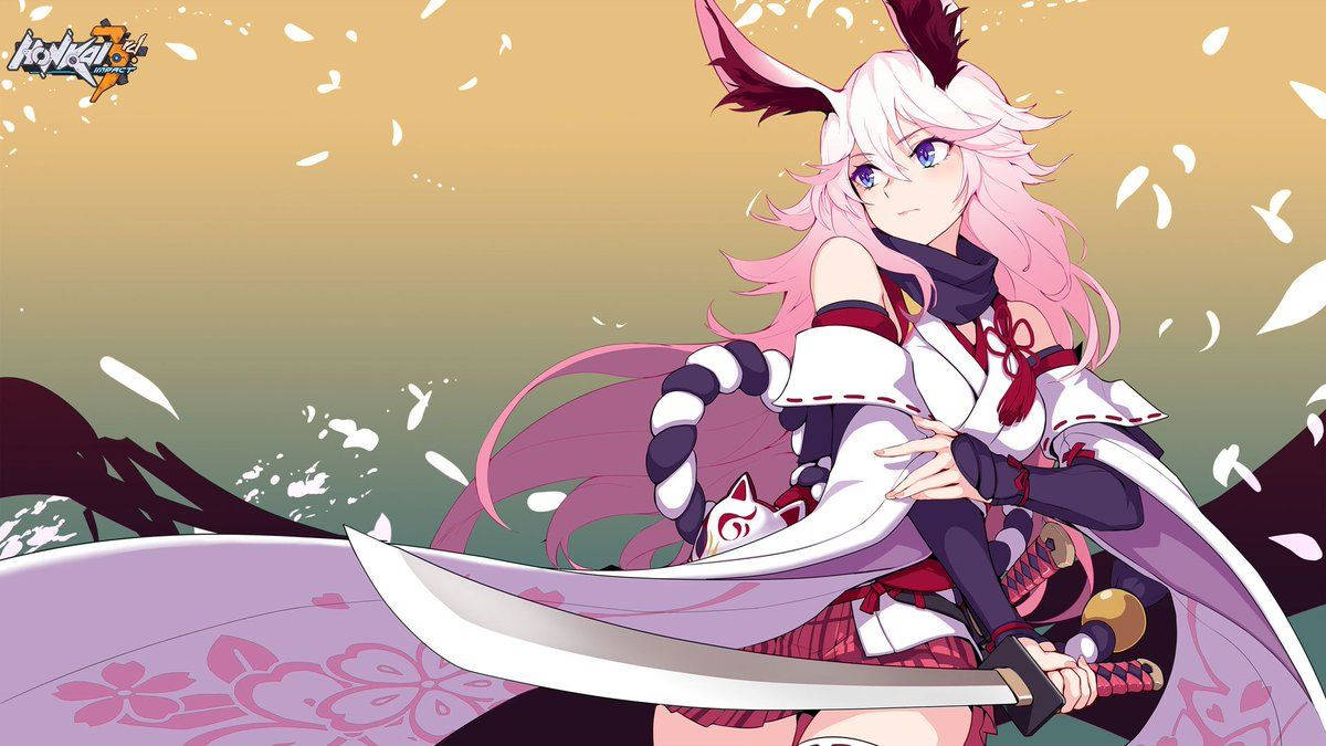 Yae Miko Holding A Sword Background