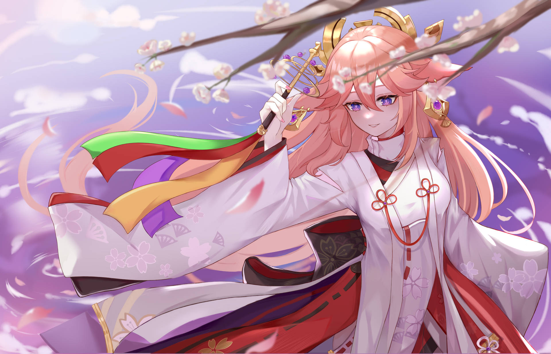 Yae Miko Swinging Magic Wand In Impressive Lightning Display Background