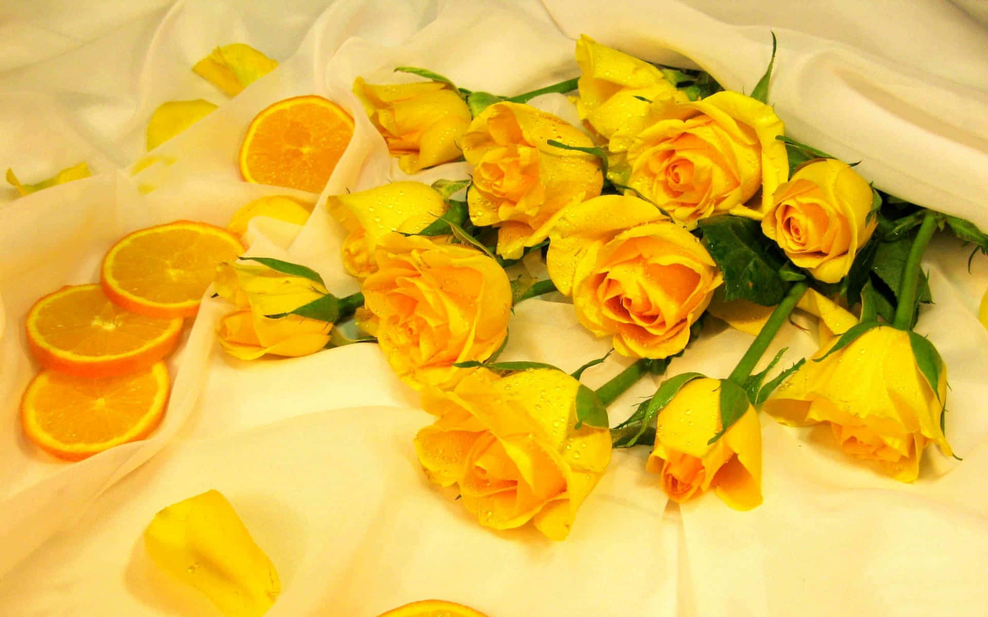 Yellow Aesthetic Desktop Roses And Orange Fruit Slices Background