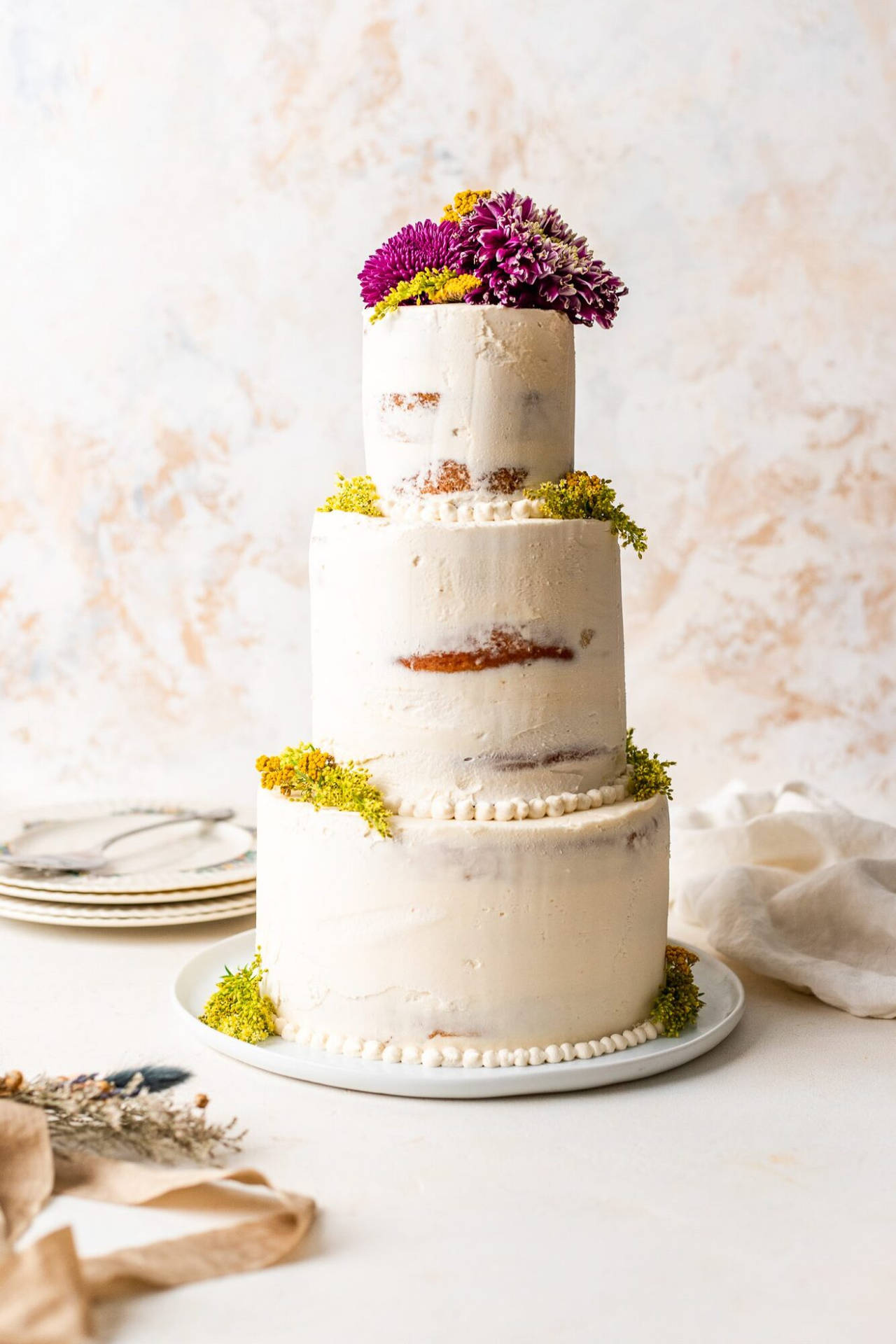 Yellow And Purple Chrysanthemum White Wedding Cake