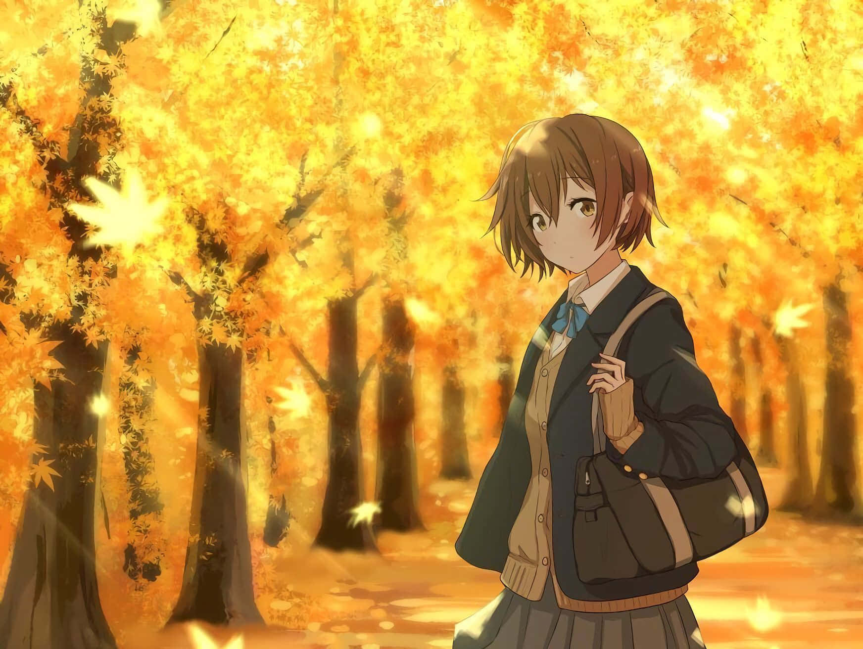 Yellow Autumn Anime School Girl Background
